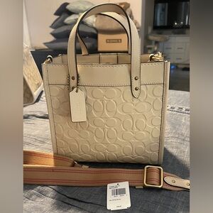 Coach Field Tote Pebbled Signature Small Tote in Ivory with Striped Strap